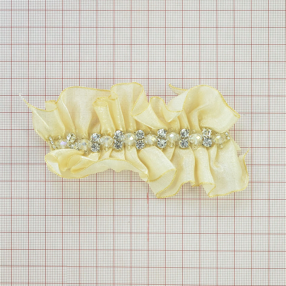 Аппликация декор Оборка шифон персик., прозрачные бусины, камни в металле. Аппликация Декор