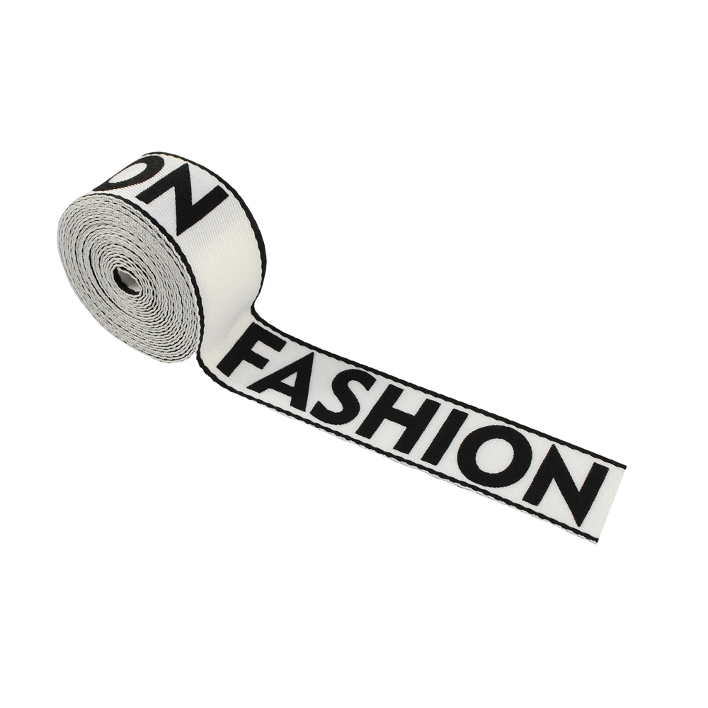Тесьма FASHION 2,4см, черно-белая и черный лого, ярд. Тесьма