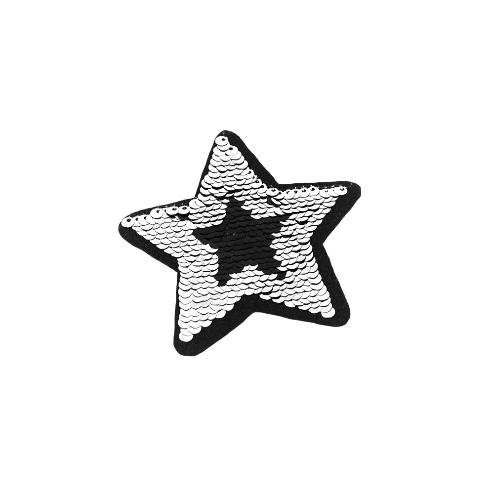 Аппликация клеевая пайетки двусторонняя Звезда черный, серебро, 9*9см, шт. Аппликации клеевые Пайетки