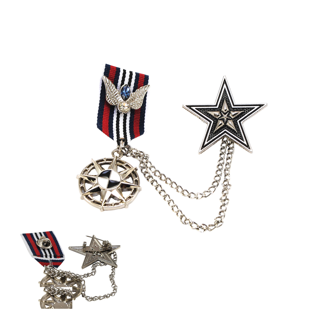 Брошь Медаль звезда на цепи 7,5*7мм, бело-сине-черно-красная и nikel. Броши
