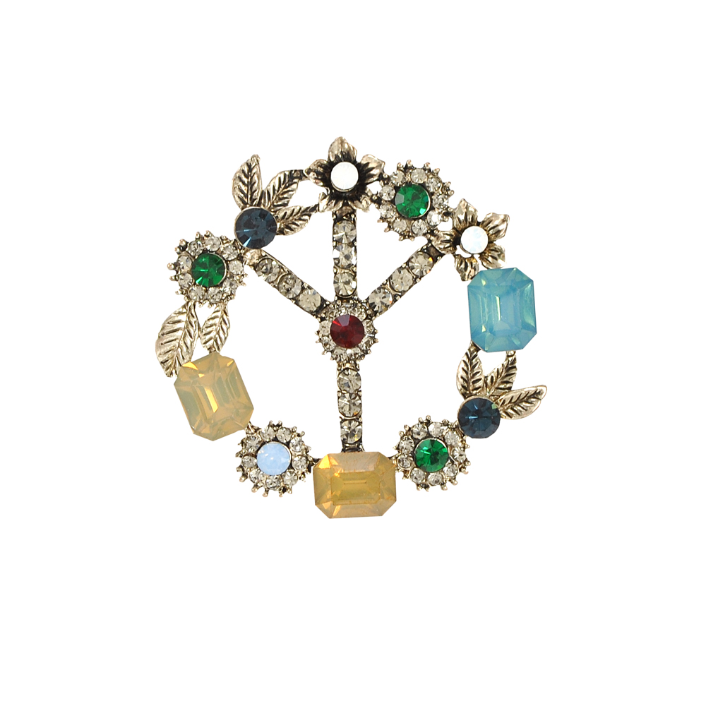 Брошь Y светлое золото, черные, зеленые, белые, голубые маленькие камни, светло-зеленые, желтые большие камни, шт. Броши