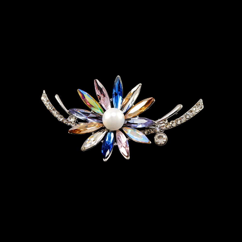 Брошь Цветок 12 NIKEL, белый жемчуг, цветные камни, шт . Броши
