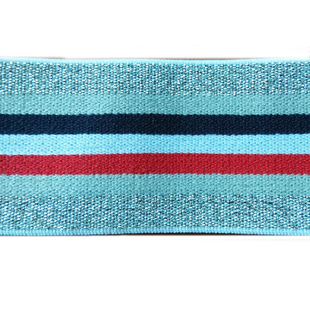 Резинка люрекс Полосы 4см, темно-синий, белый, красный, серый и серебряный люрекс, 50ярд. Резинка