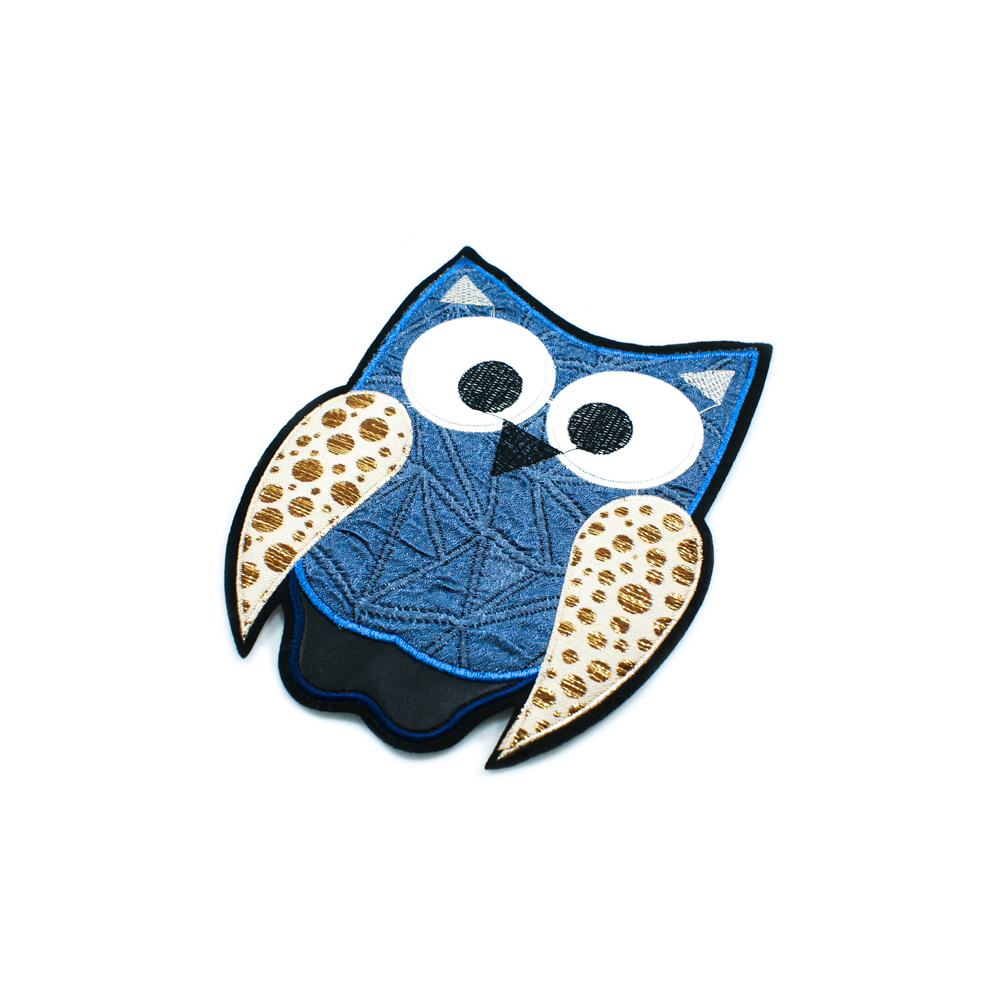 Нашивка тканевая Сова 20*15см синий, белый, черный, серый, бежевый, золото, шт. Нашивка Вышивка, Ткань