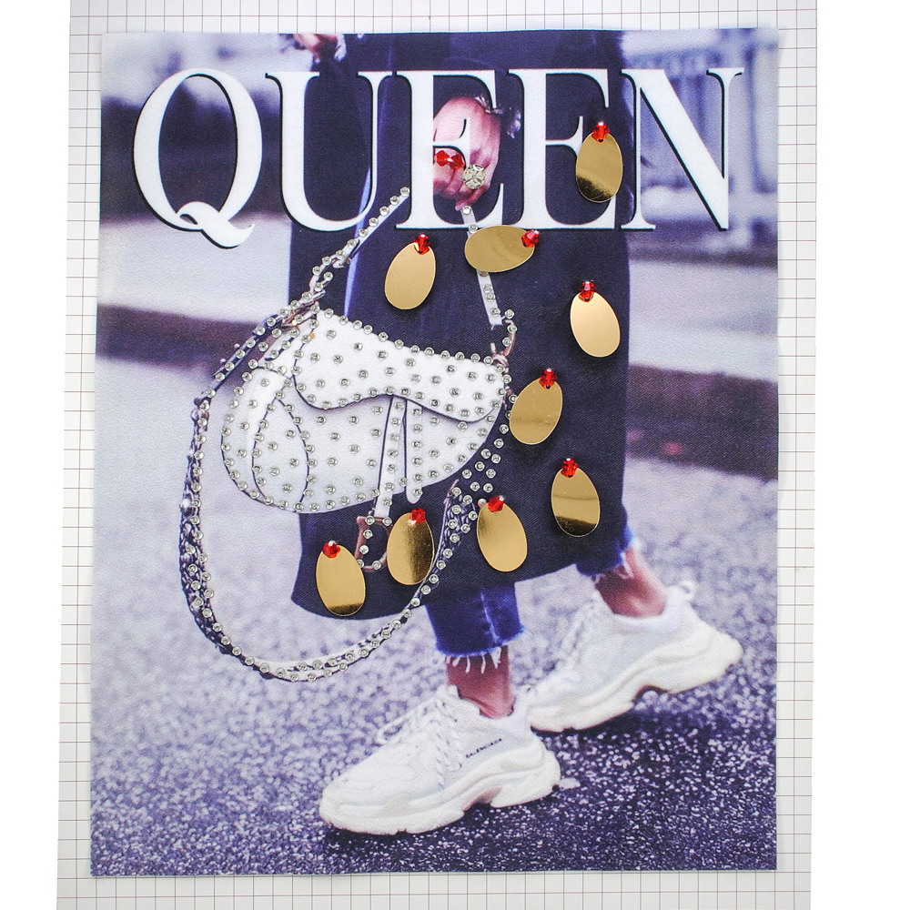 Аппликация пришивная с пайетками и стразами Девушка с сумкой QUEEN, 18*22,2см, фиолетовый, черный, белый, серый, золото, шт. Аппликации Пришивные Ткань, Органза