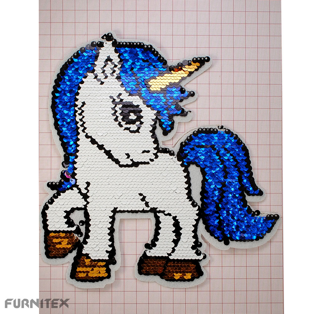 Аппликация клеевая пайетки двусторонняя Единорог 21,5*20см, белый, синий, золотой, шт. Аппликации клеевые Пайетки