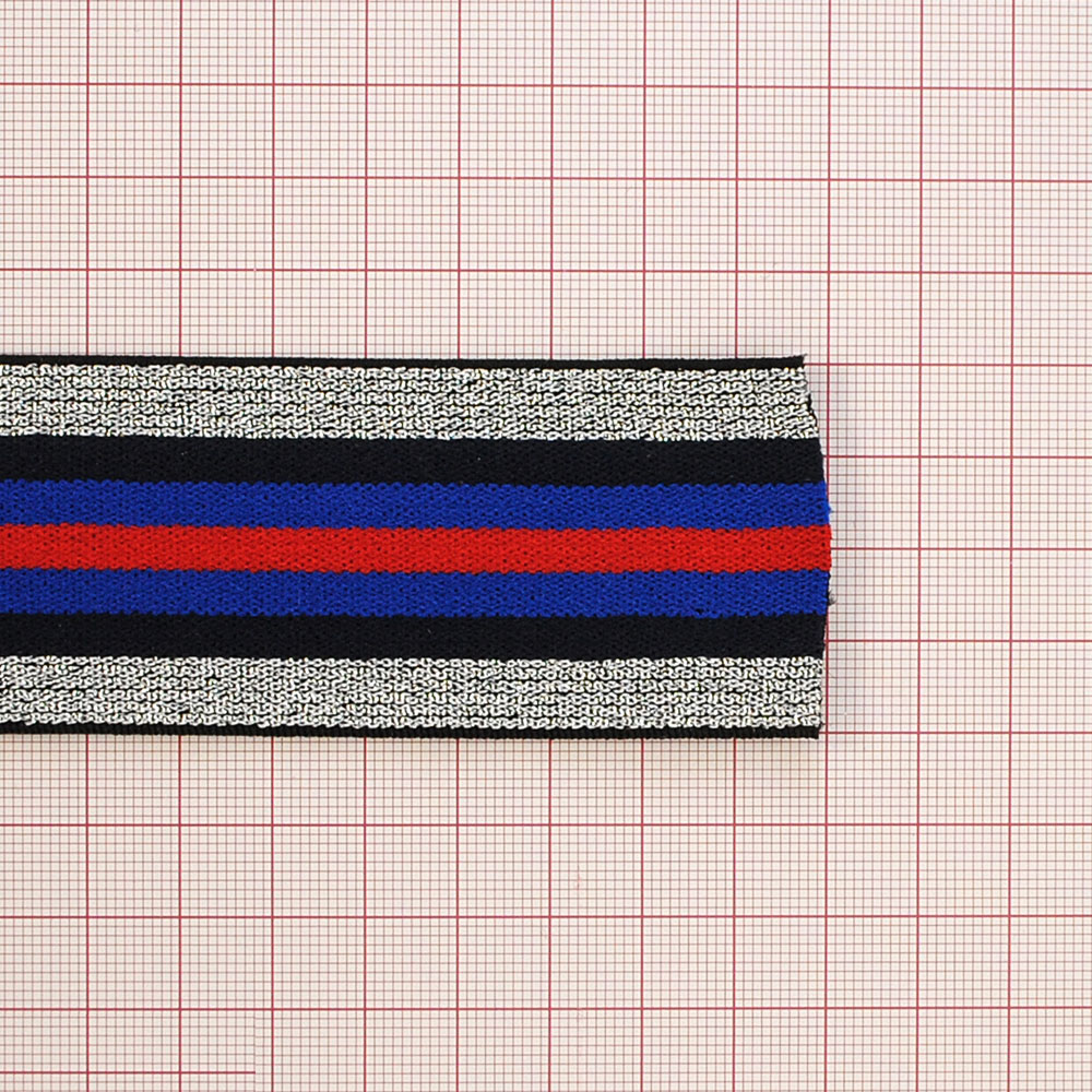 Резинка люрекс Полосы 4см, темно-синий, синий, красный и серебряный люрекс, 50ярд. Резинка