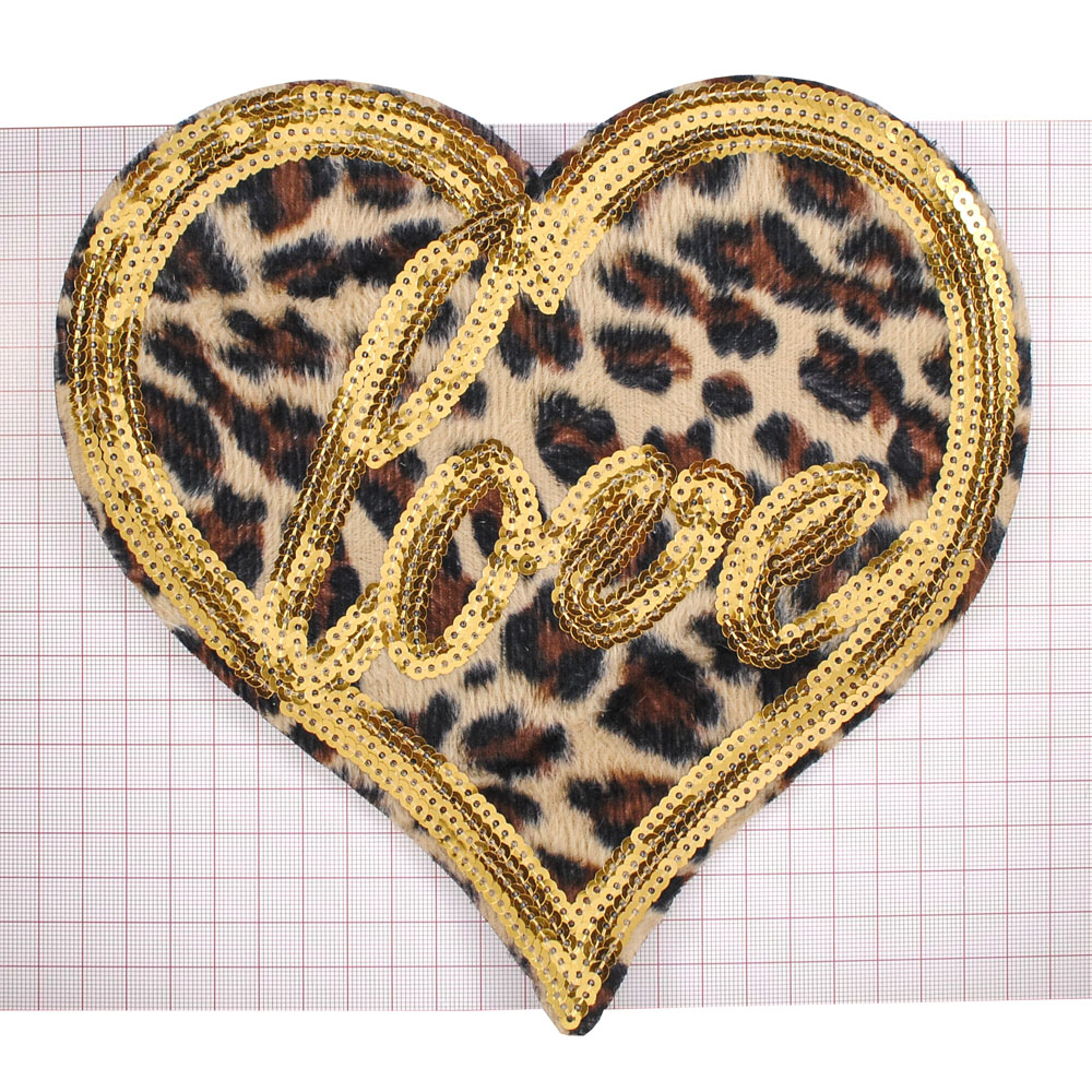 Аппликация пришивная пайетки и мех Сердце Love, 22*22.5см, леопардовый, золото, шт. Аппликации Пришивные Мех Флок