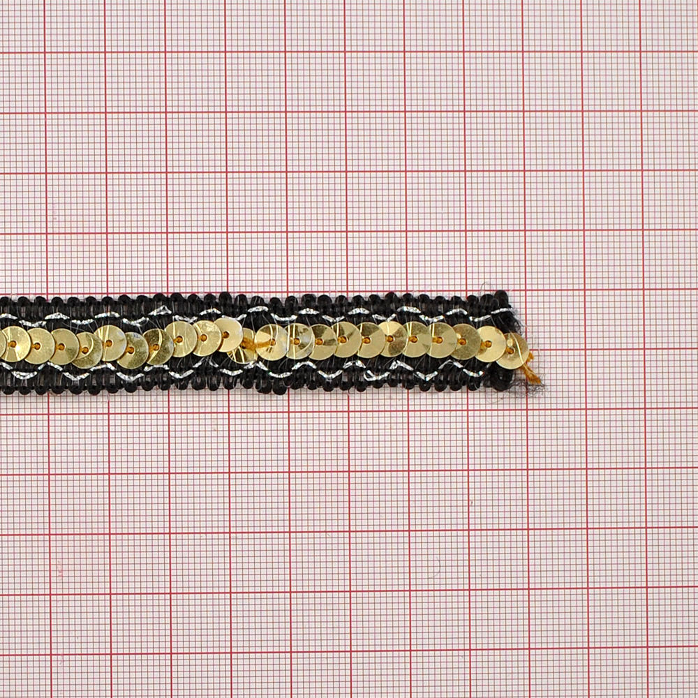 Тесьма пайетки 1,5см №11 /черный, золото/10ярд. Тесьма Разное