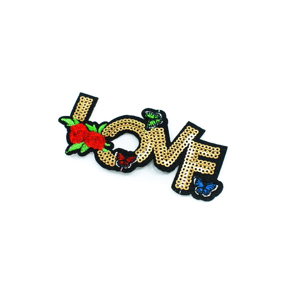 Аппликация клеевая пайетки LOVE 10*5см белые, черные, светло-зеленые, красные, синие нити, золотистые пайетки. Аппликации клеевые Пайетки