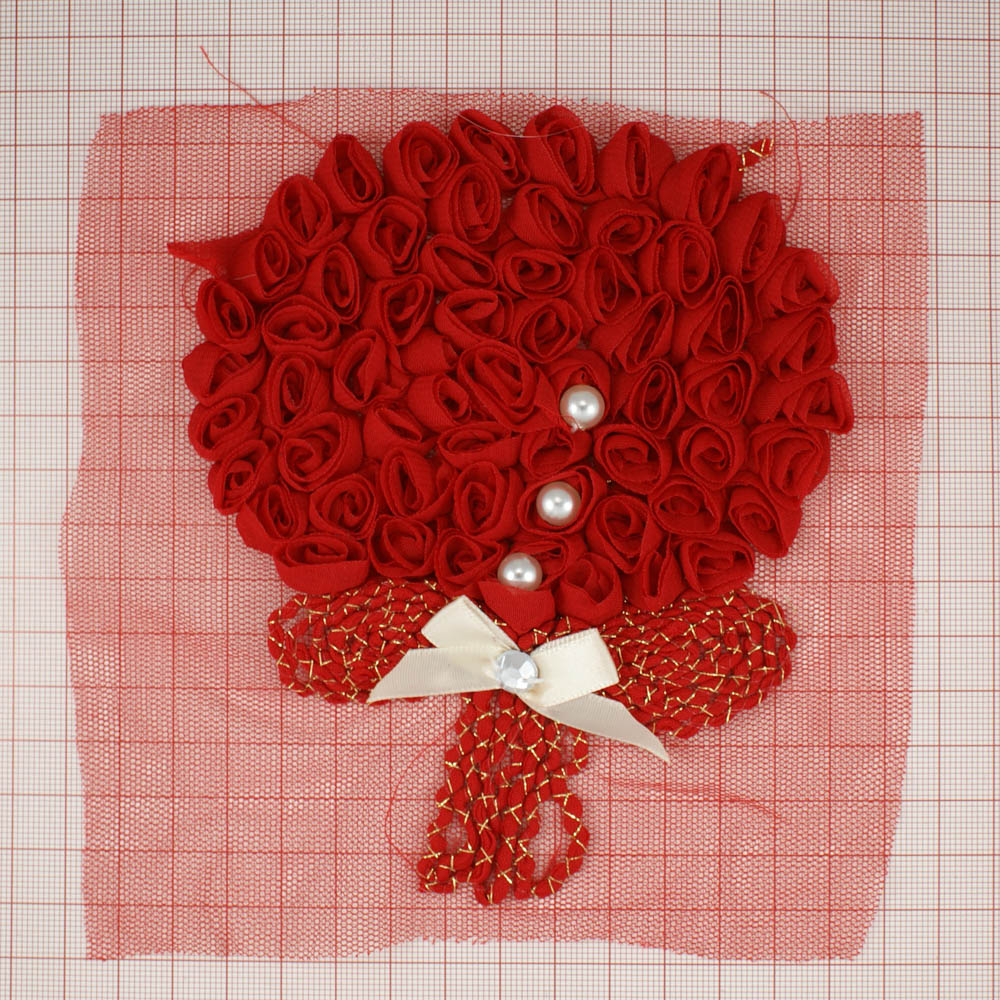Аппликация кружевная пришивная Букет роз 12*17см, красный, белый, жемчуг, бантик . Аппликации Пришивные Кружевные Вязаные