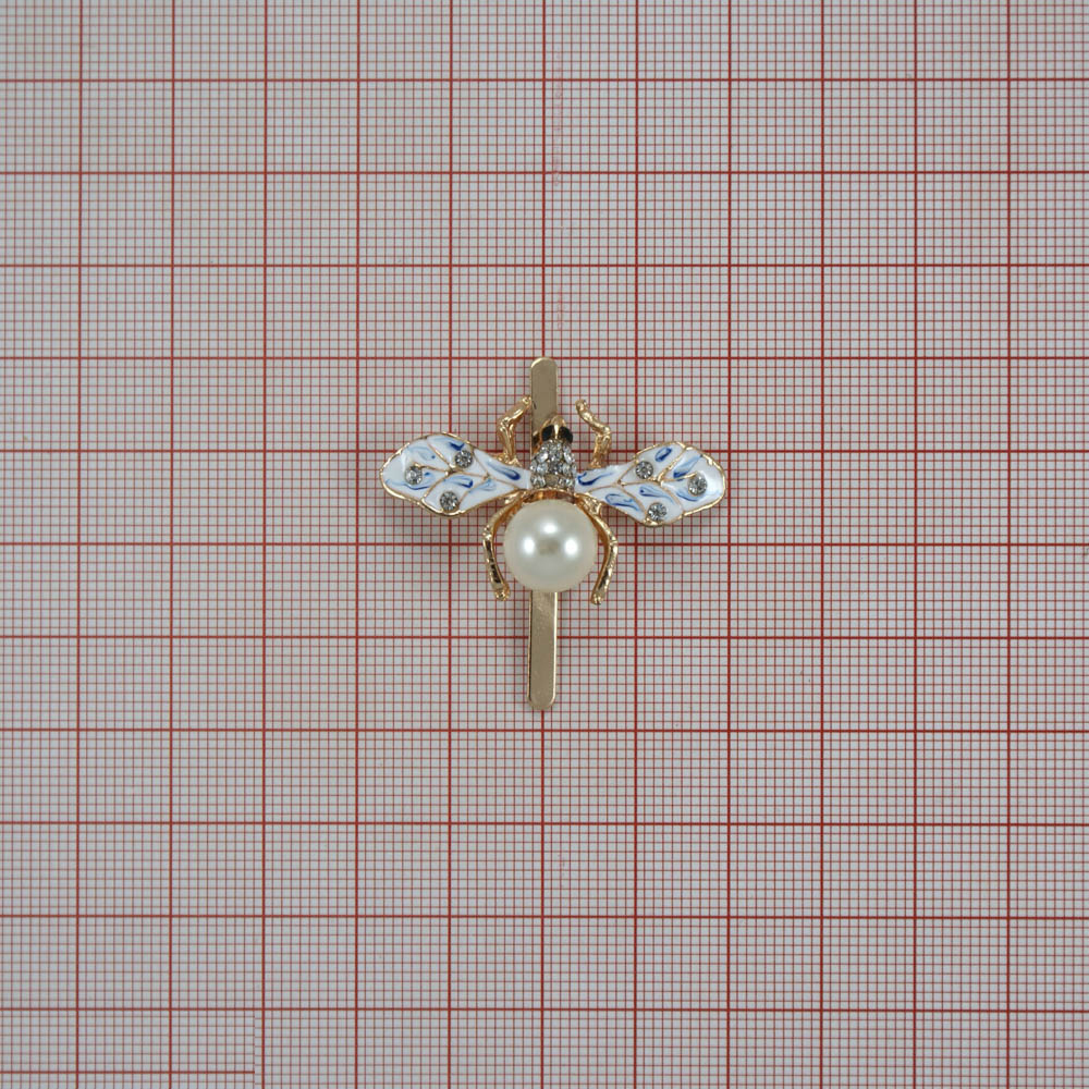 Краб металл Светлячок 23*32мм GOLD белые, черные камни, белый жемчуг, бело-синяя эмаль. Крабы Металл Цветы, Жуки