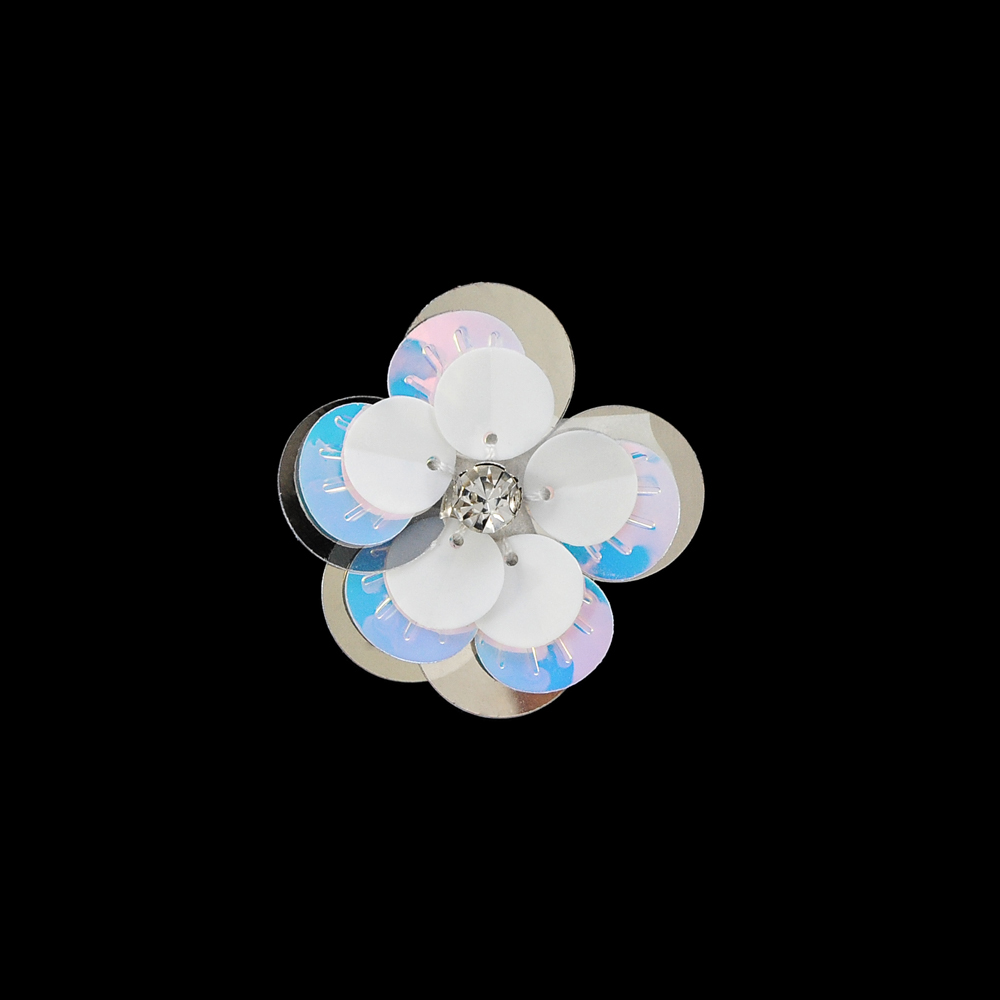 Аппликация декор обувная Цветок из пайеток 3,5*3,5см белый, серебряный, голубой хамелеон, белый камень crystal, шт. Аппликации Пришивные Пайетки