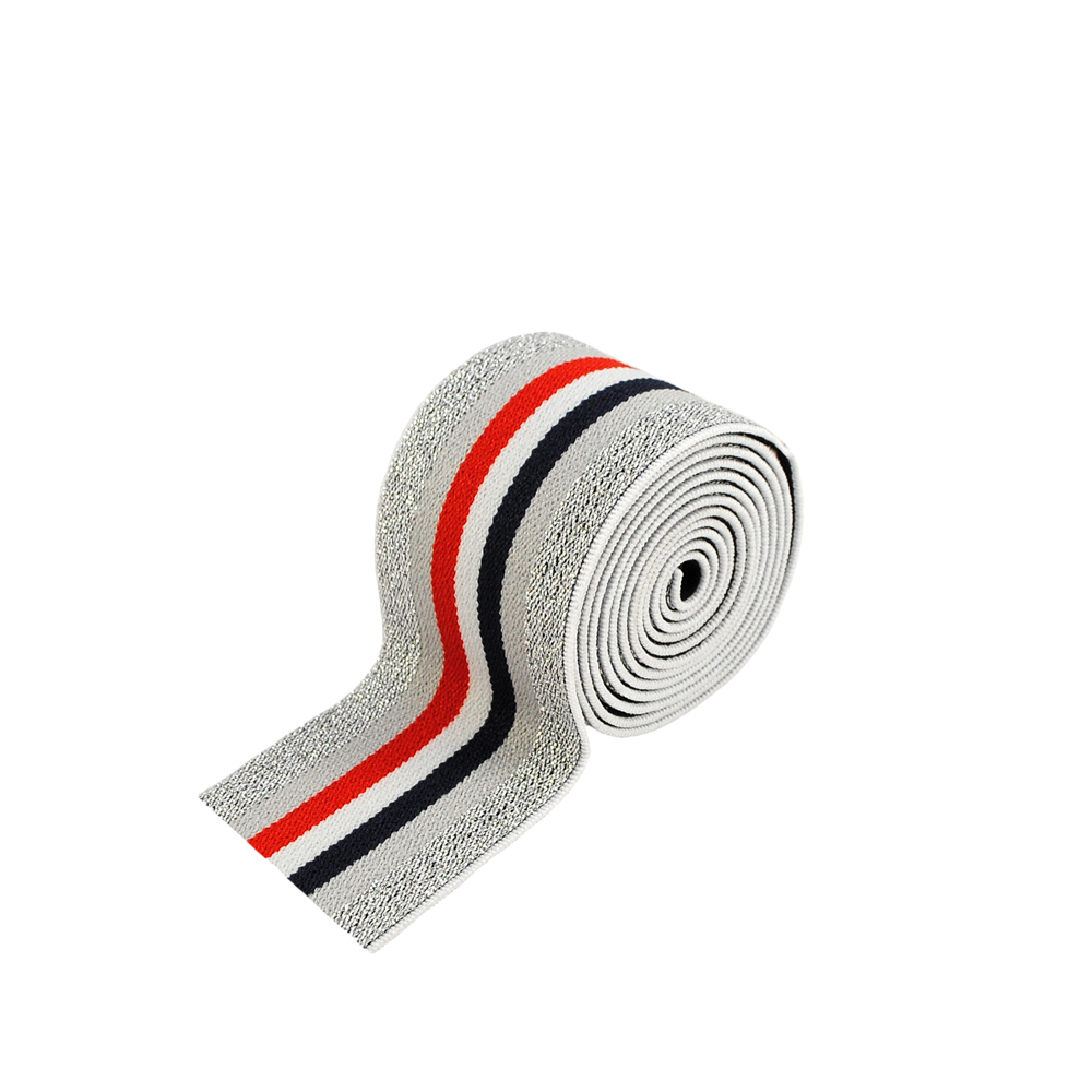 Резинка люрекс Полосы 4см, темно-синий, белый, красный, серый и серебряный люрекс, 50ярд. Резинка