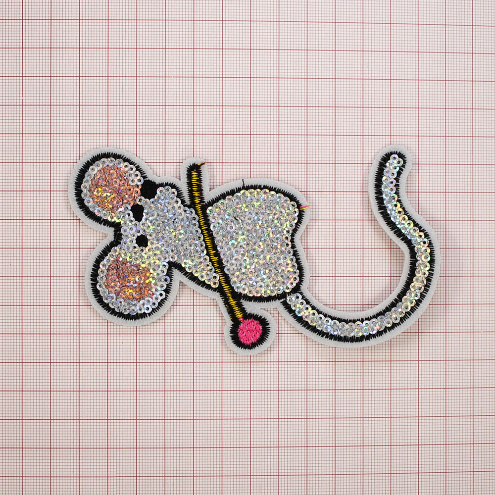 Аппликация клеевая пайетки Мышь с иглой 13*7см желтый, серебро, розовый, шт. Аппликации клеевые Пайетки