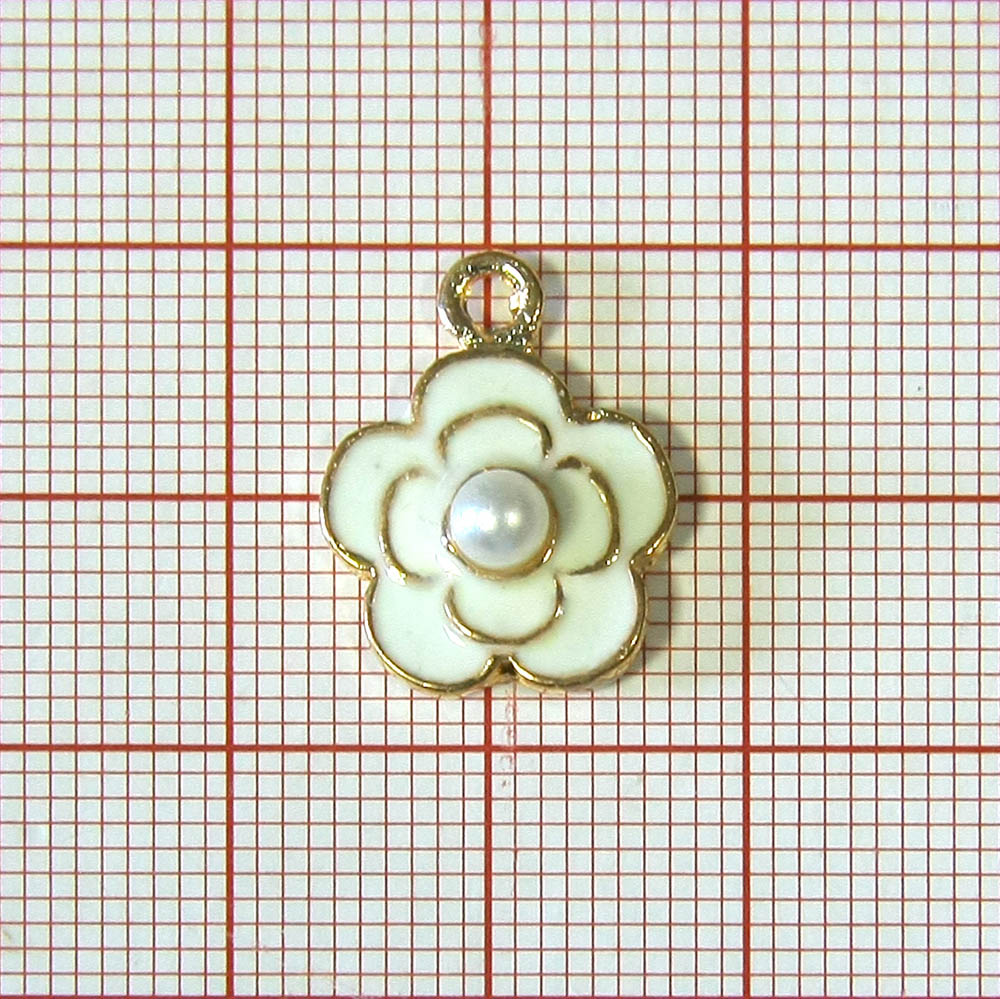 Подвеска металл Цветок 5 лепестков и жемчужина 14*18мм, GOLD, белая эмаль, белый жемчуг, шт. Подвески