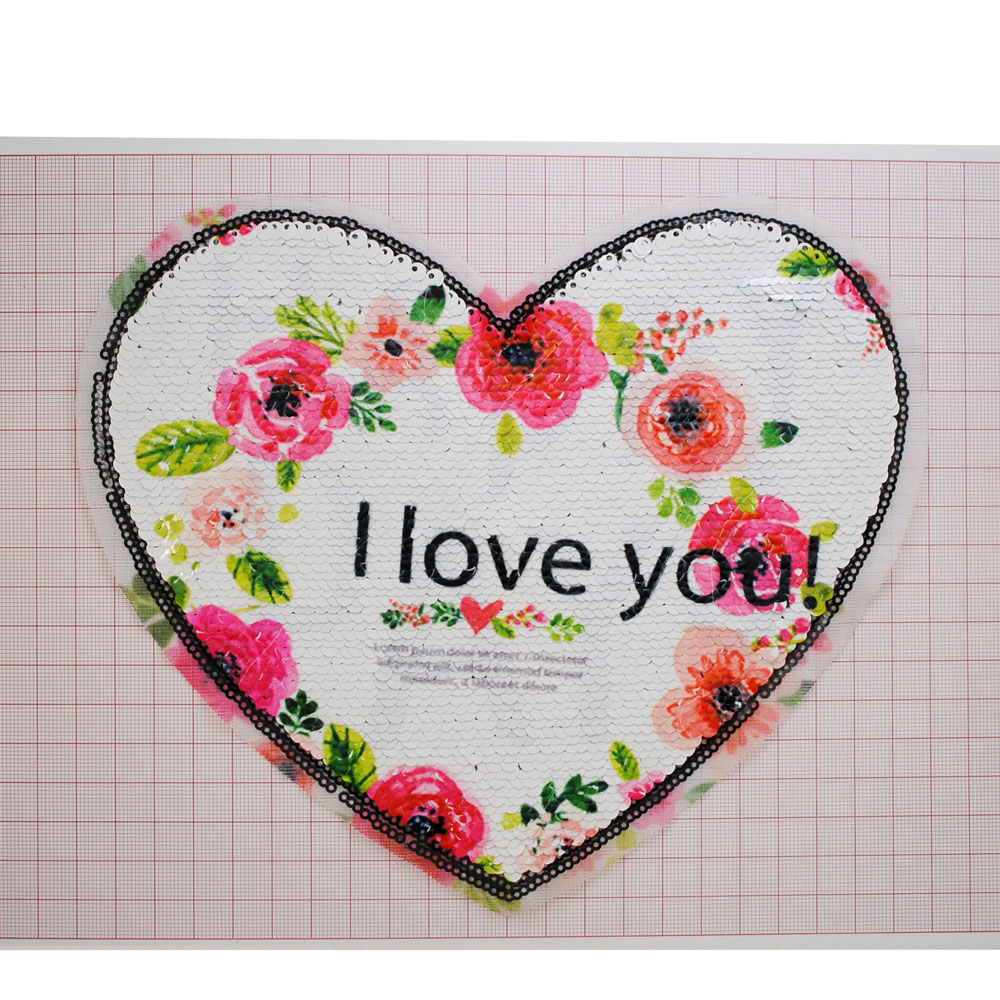 Аппликация пришивная пайетки Сердце I love you 21*18см белый, красный, зеленый, шт. Аппликации Пришивные Пайетки