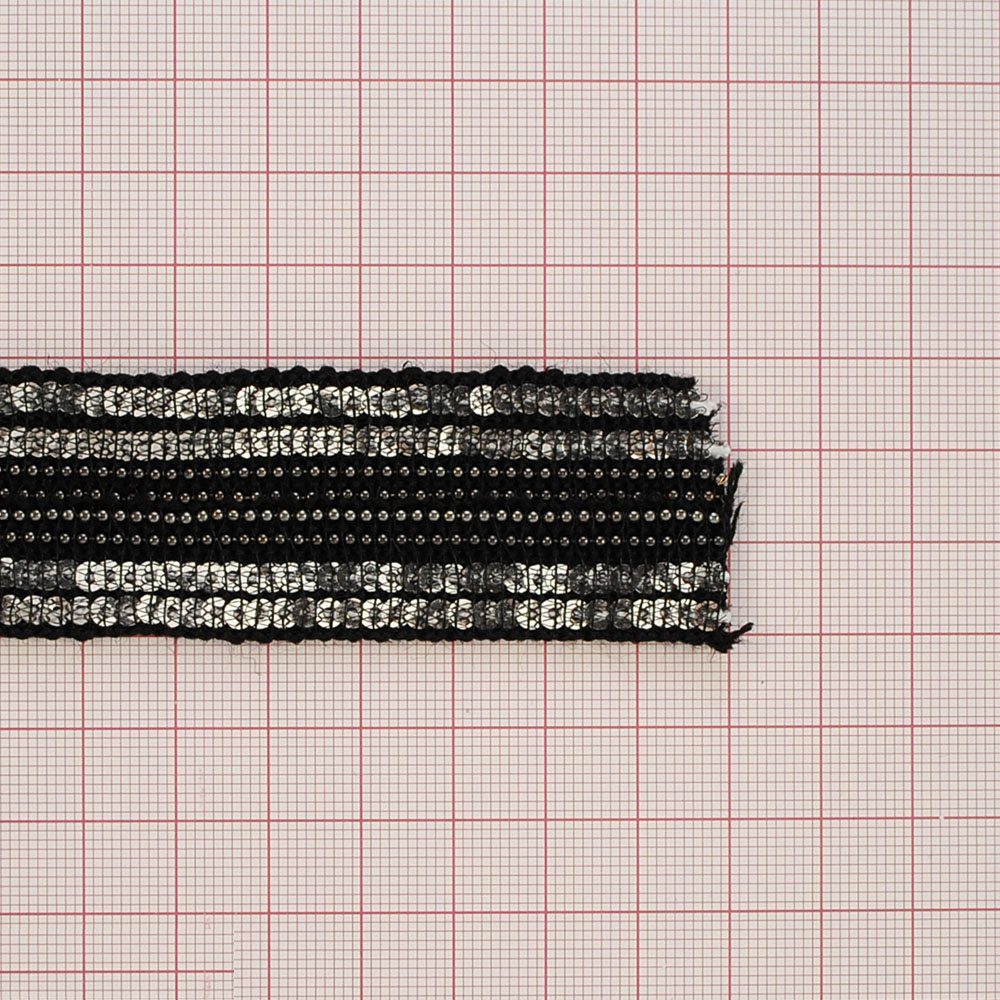 Тесьма Цепи с пайетками 3,7см черный, пайетки серебро, цепи никель, 50 ярд. Тесьма