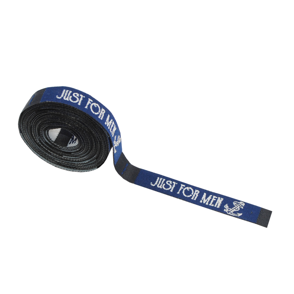 Этикетка тканевая вышитая Just for men 1,2см, синяя, белый лого, шт. Вышивка / этикетка тканевая