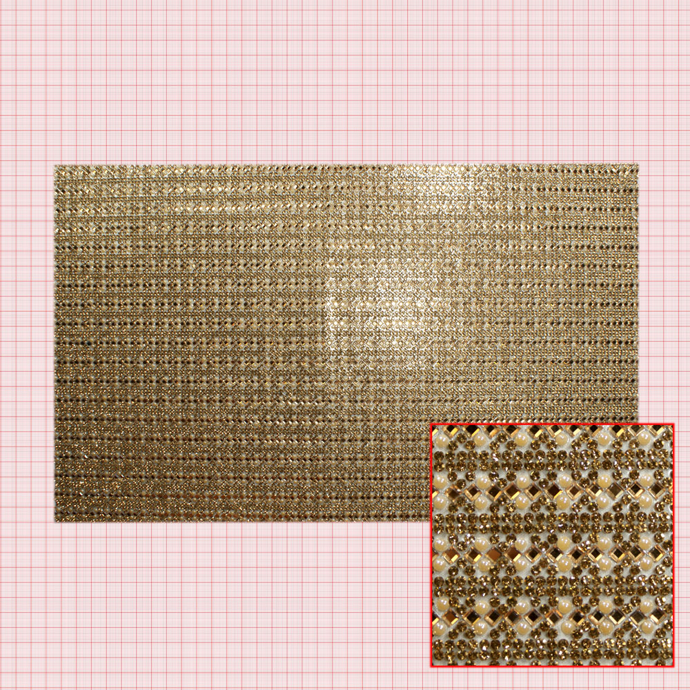 Стразы полотно золотые квадраты,  золотые камни, белый жемчуг 24*40, 1лист. Полотна из страз