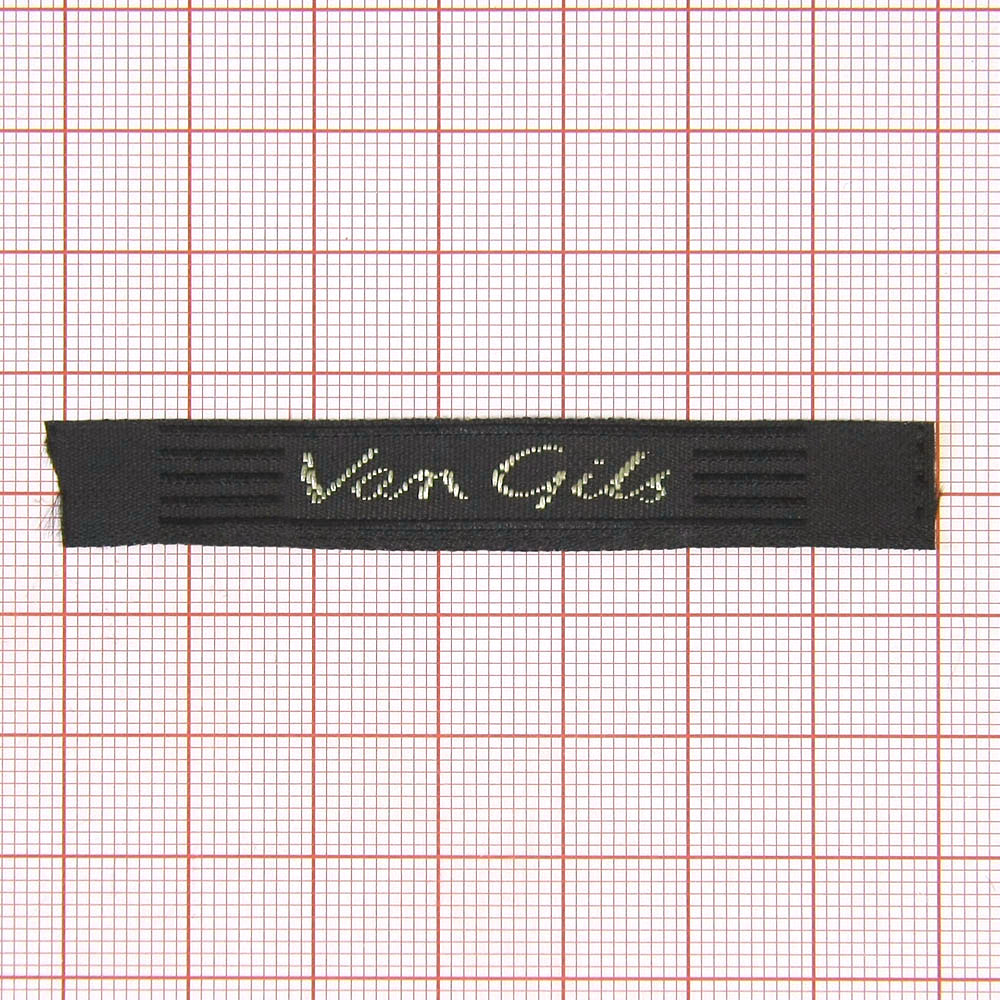 Этикетка тканевая вышитая Van Gils №2а, 6,9*1,0, черная, золотой ацетат /tafta/, шт. Вышивка / этикетка тканевая