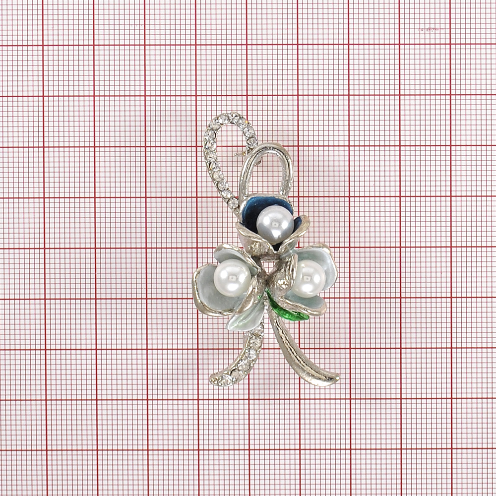 Брошь Свадебный букет никель, белые камни, белый жемчуг, зеленая эмаль, шт. Броши