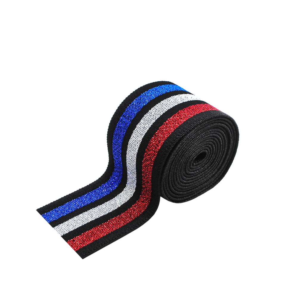 Резинка люрекс Полосы 4см, черная и синий, белый, красный люрекс, 50ярд. Резинка