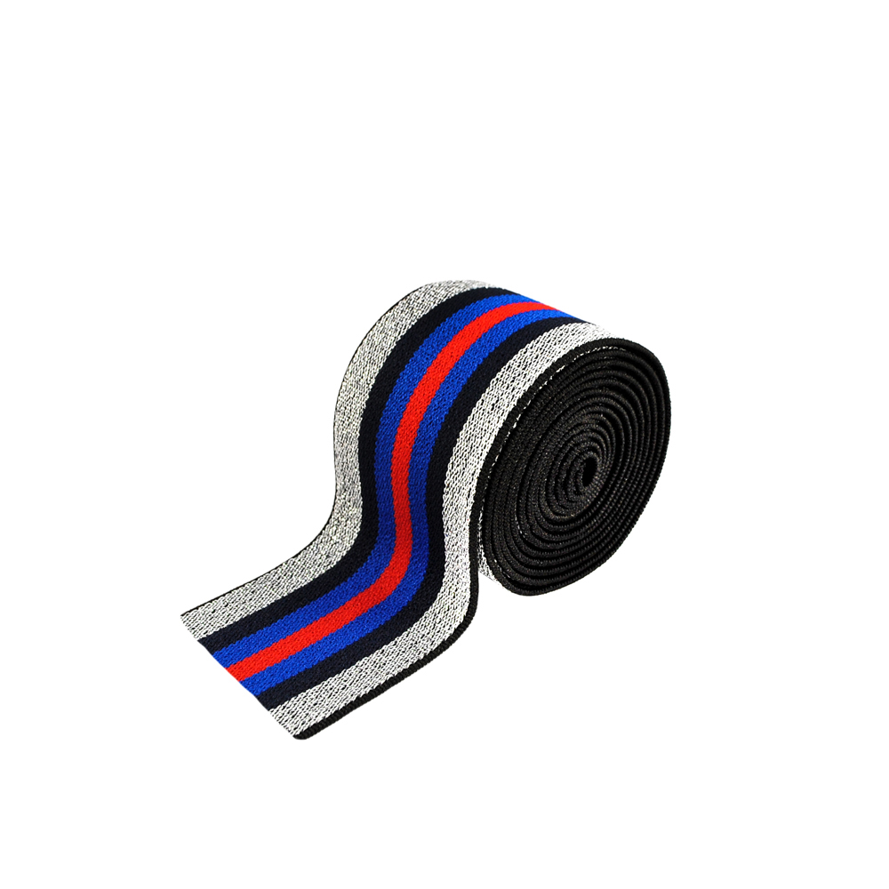 Резинка люрекс Полосы 4см, темно-синий, синий, красный и серебряный люрекс, 50ярд. Резинка