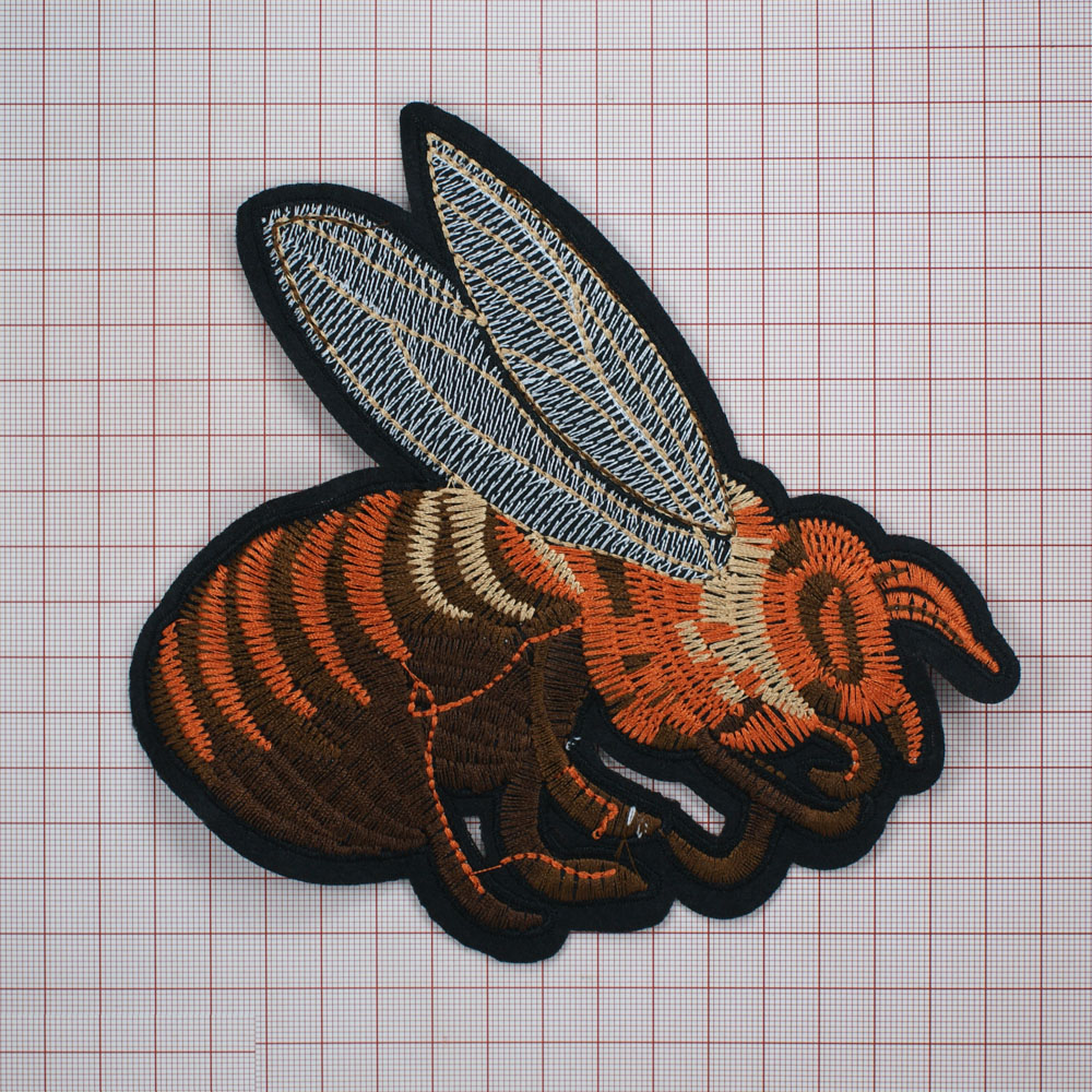 Нашивка тканевая Пчела коричневая 16*15см белый, оранжевый, темно-коричневый, коричневый, серый, черный, шт. Нашивка Вышивка, Ткань