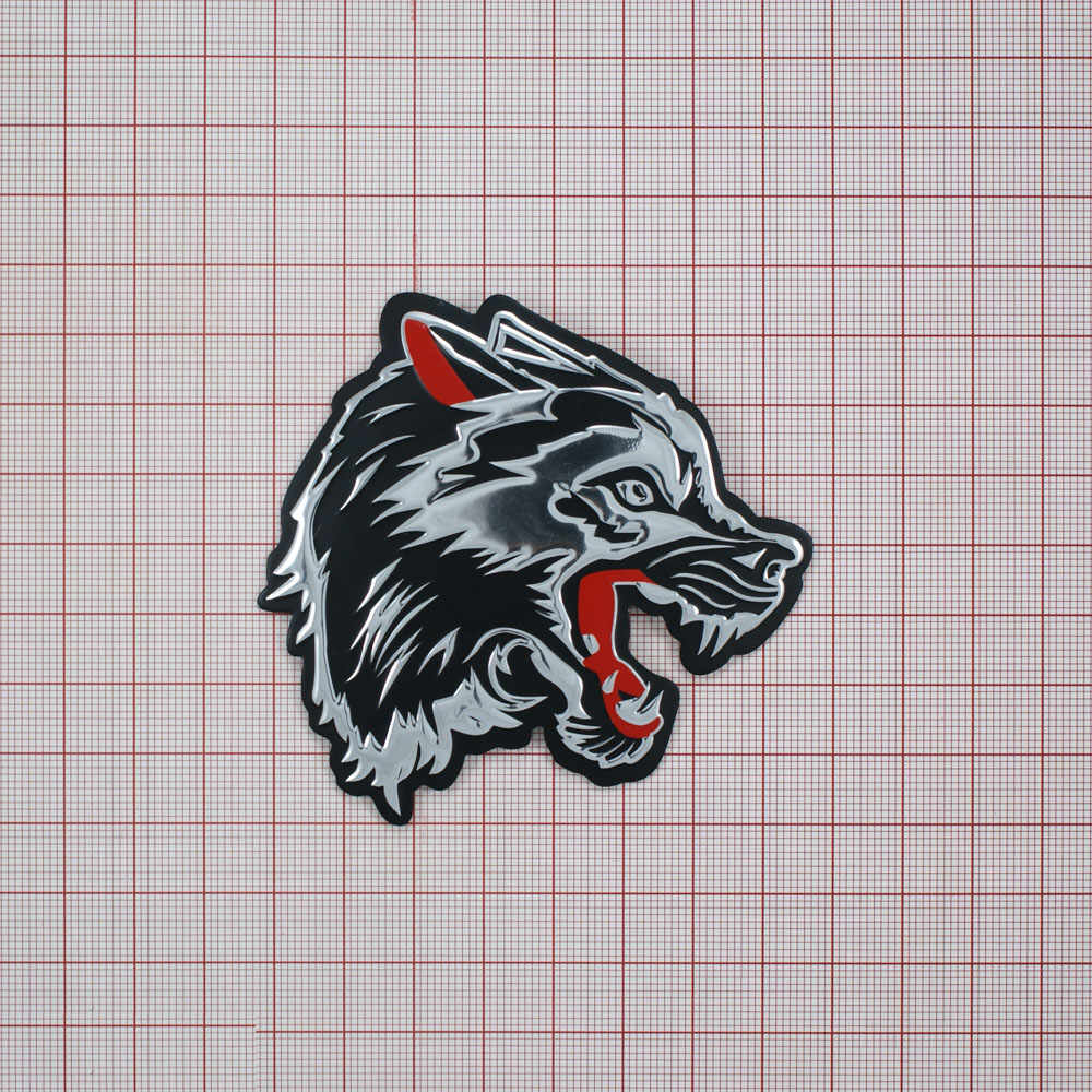 Лейба пластик Голова волка правая  7,3*7,4см черный, серебро, красный. Лейба кожзам, нубук