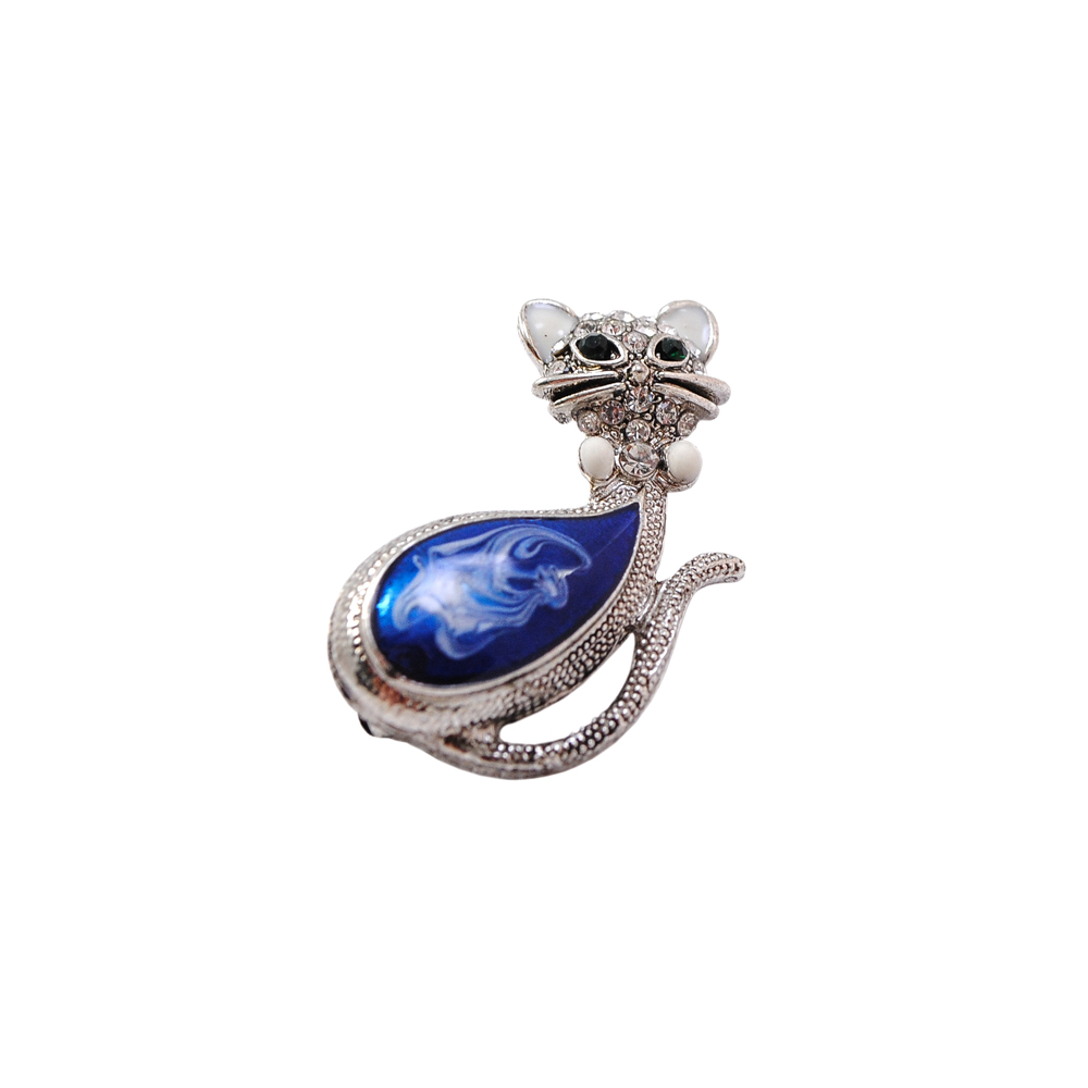 Брошь металлическая со стразами Кот в ошейнике, old silver, зеленый, белый, синий, шт. Броши