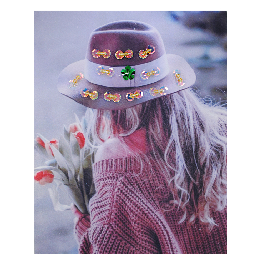 Аппликация пришивная с пайетками Девушка в шляпке,18,8*23,7см коричневый, розовый, серый, голубой, шт. Аппликации Пришивные Ткань, Органза
