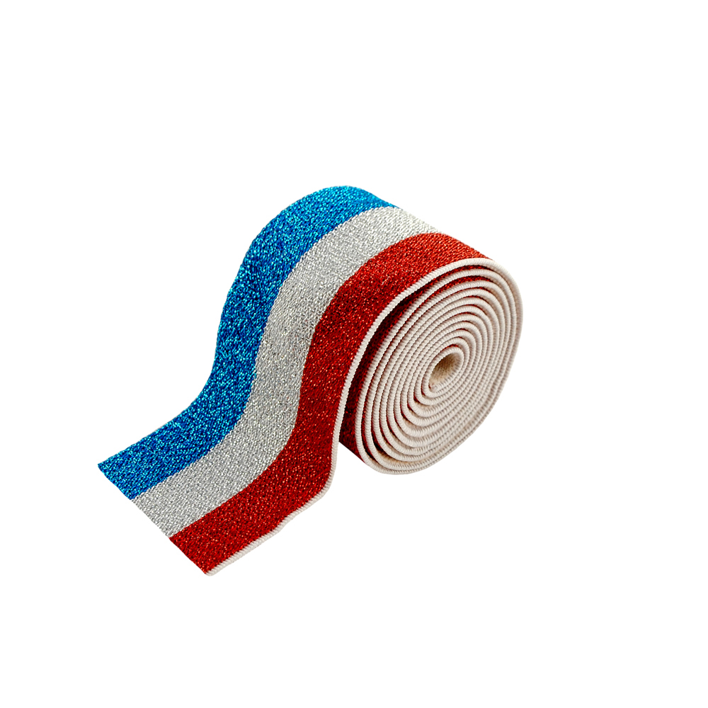 Резинка люрекс Полосы 4см, белый, красный, серебряный и голубой люрекс, 50ярд. Резинка