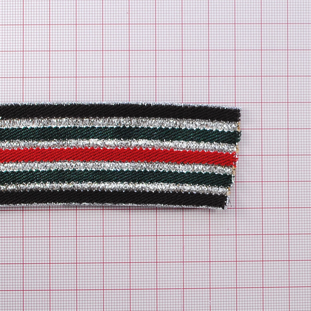 Резинка Полосы 4см, коричневый, зеленый, красный и серебряная нить, 50ярд. Резинка