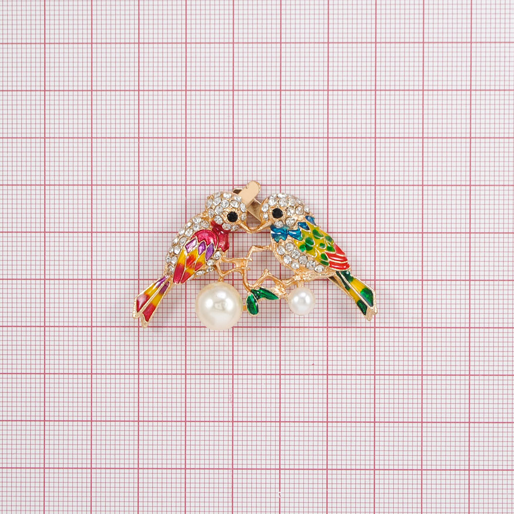 Краб металл Неразлучники 29*54мм GOLD, черные, белые камни, белый жемчуг, цветная эмаль. Крабы Металл Цветы, Жуки