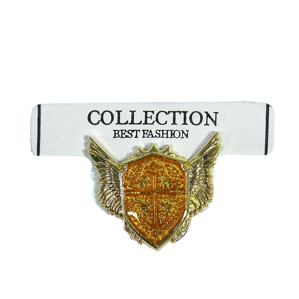 Лейба кожзам COLLECTION Герб 40*35мм белая, черный, GOLD наклейка, оранжевый клей. Лейба Кожзам