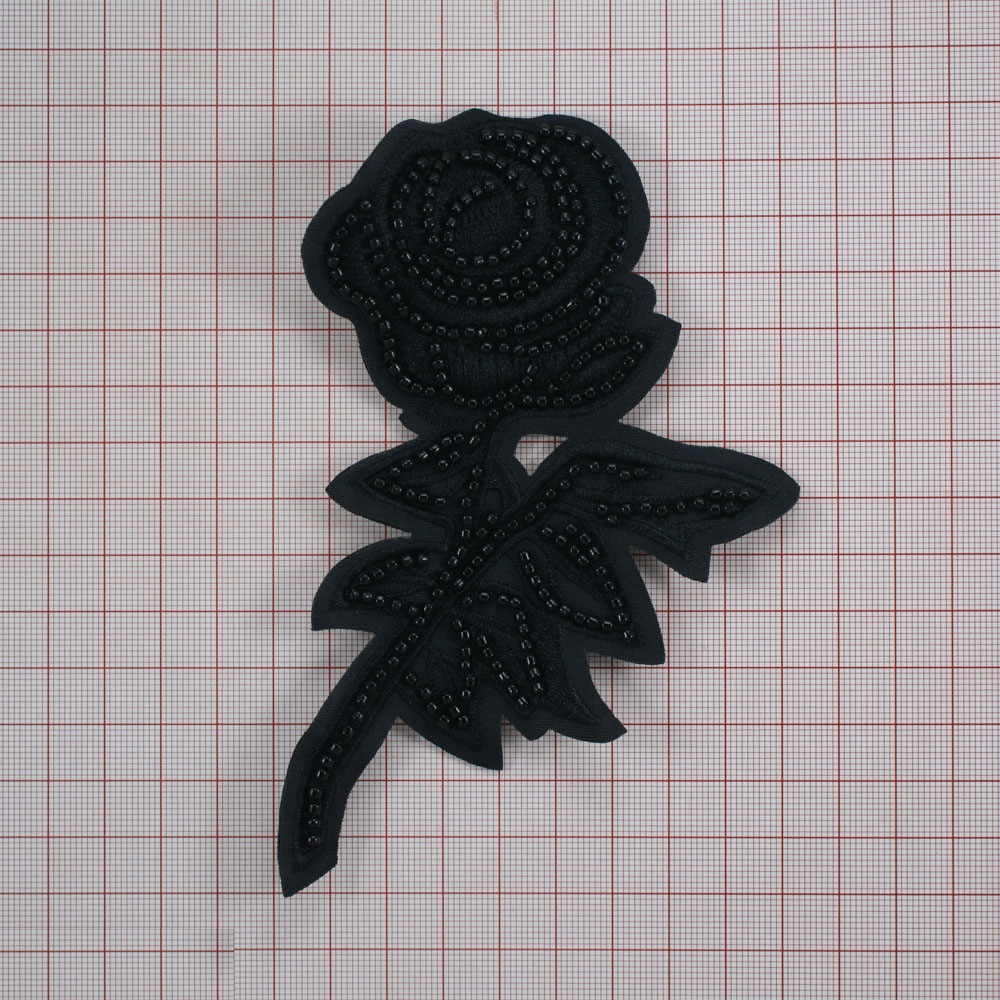 Нашивка тканевая бисер пришивная Роза черная Стебель 9,3*14,2см черный, черный бисер, шт. Нашивка Стразы, Бисер
