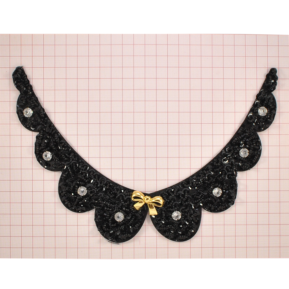 Воротник BS-015 Волны 19*16см черный бисер, золотой бант, белые камни, шт. Воротники