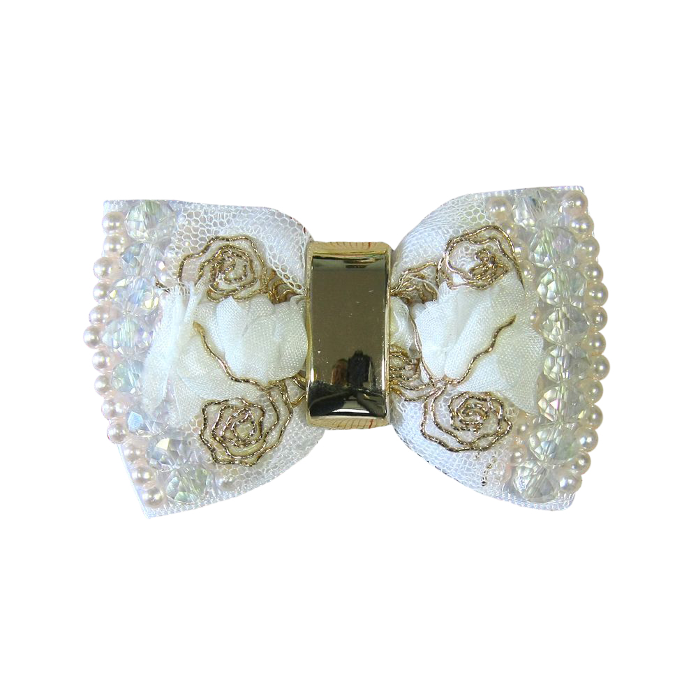 Аппликация декор обувная 49 БАНТ белый, вышит. розы, бел. жемчуг, шт. Аппликации Пришивные Цветы Банты