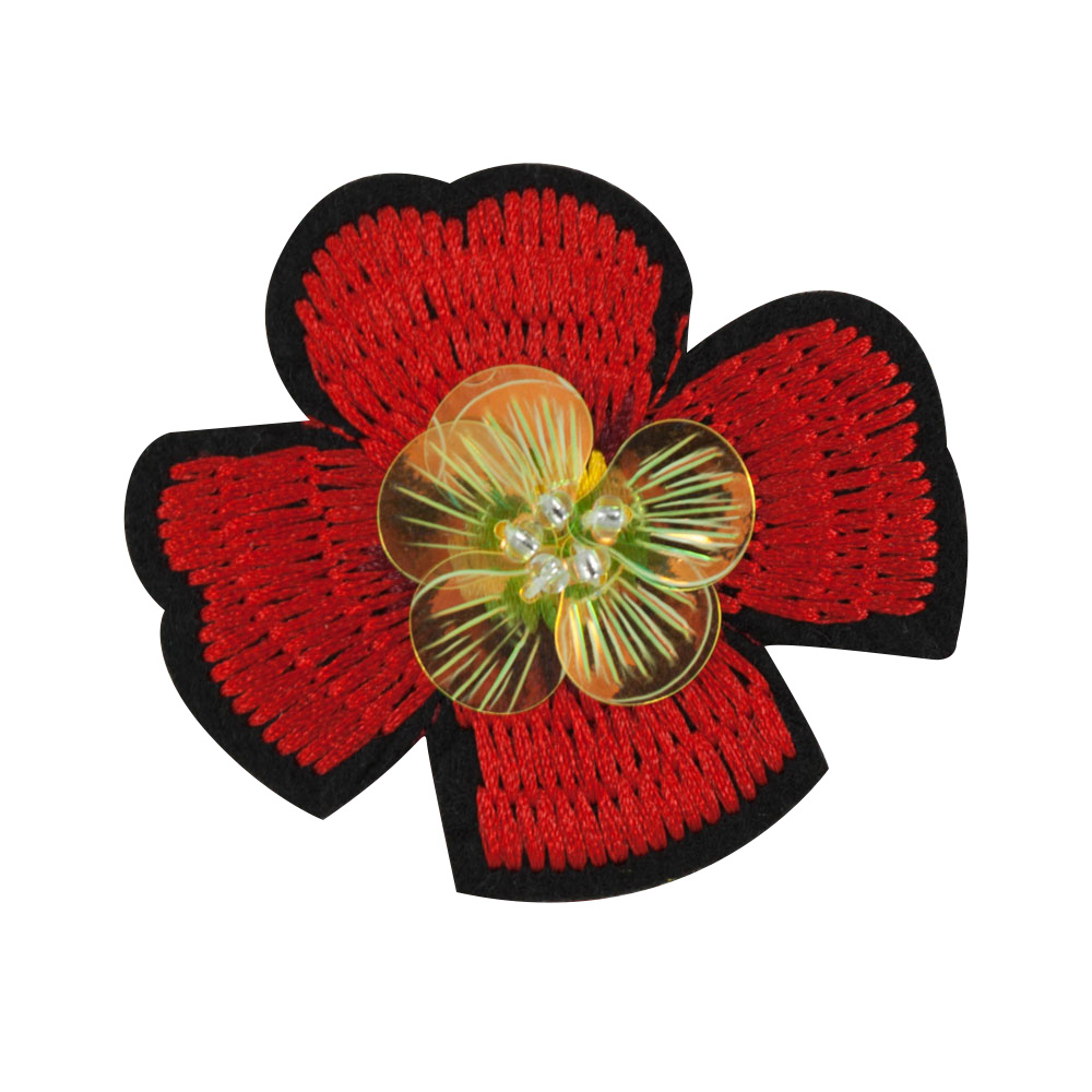 Аппликация клеевая вышитая Красный цветок с пайетками, 6,3*5,7см, красный, золотые пайетки. Аппликации клеевые Вышивка