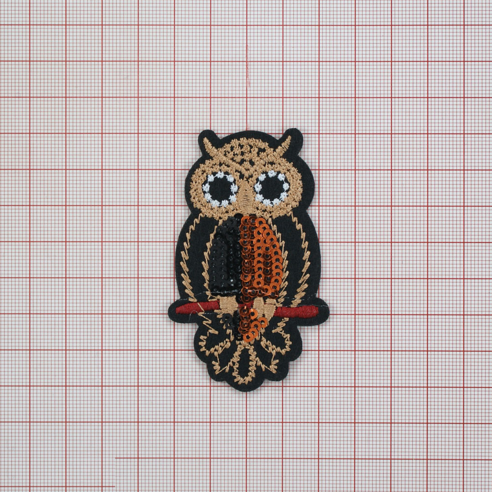 Аппликация клеевая пайетки Сова 4,5*7,5см черный, бежевый, белый, красный, черные, золотые пайетки, шт. Аппликации клеевые Пайетки