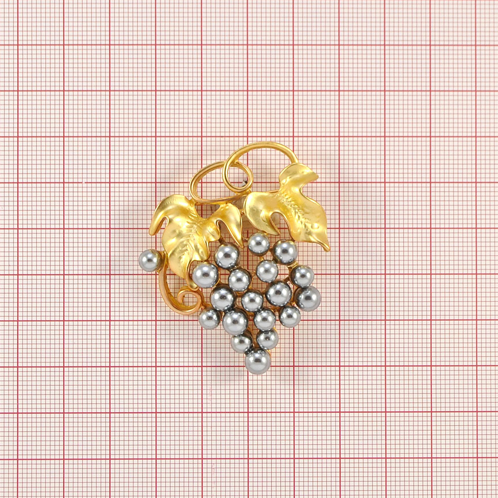 Брошь Виноград GOLD, темно-серый жемчуг, серые камни, шт . Броши