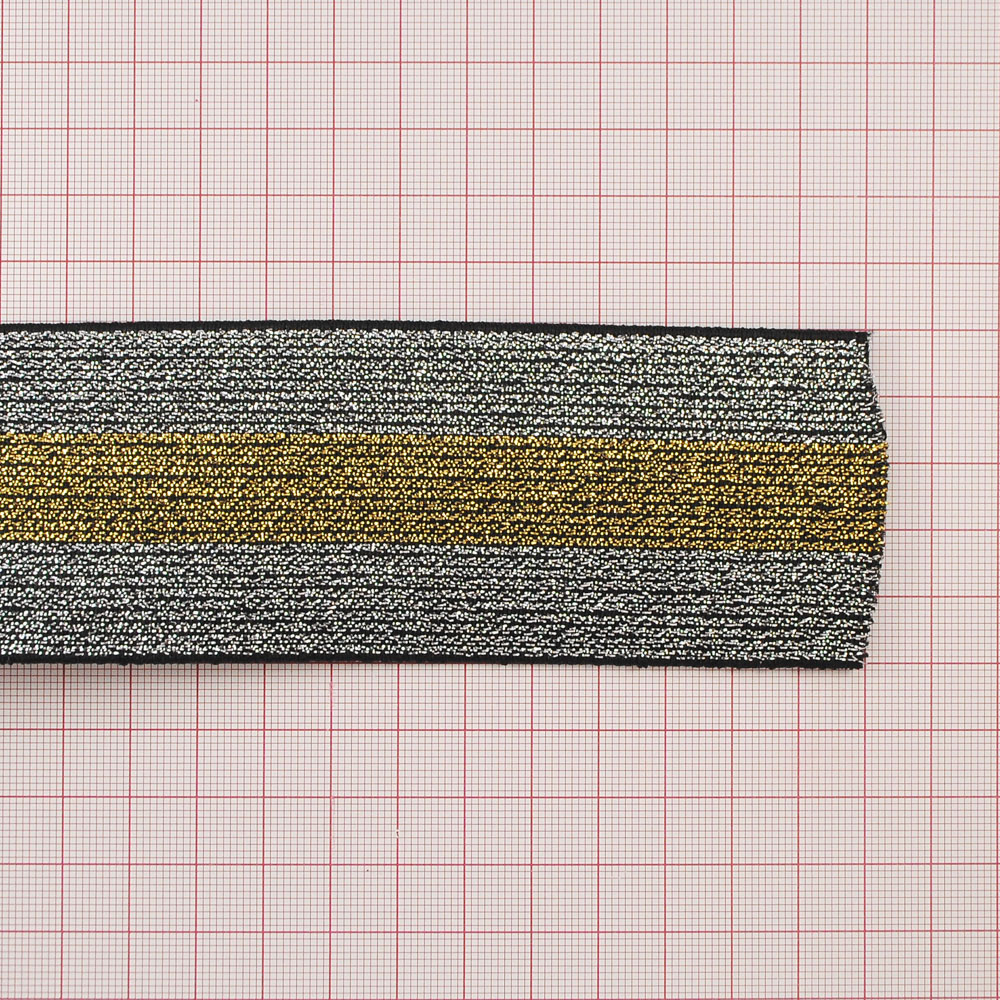 Резинка Полосы 5,1см, черный, серебряная и золотая нить, 50ярд. Резинка