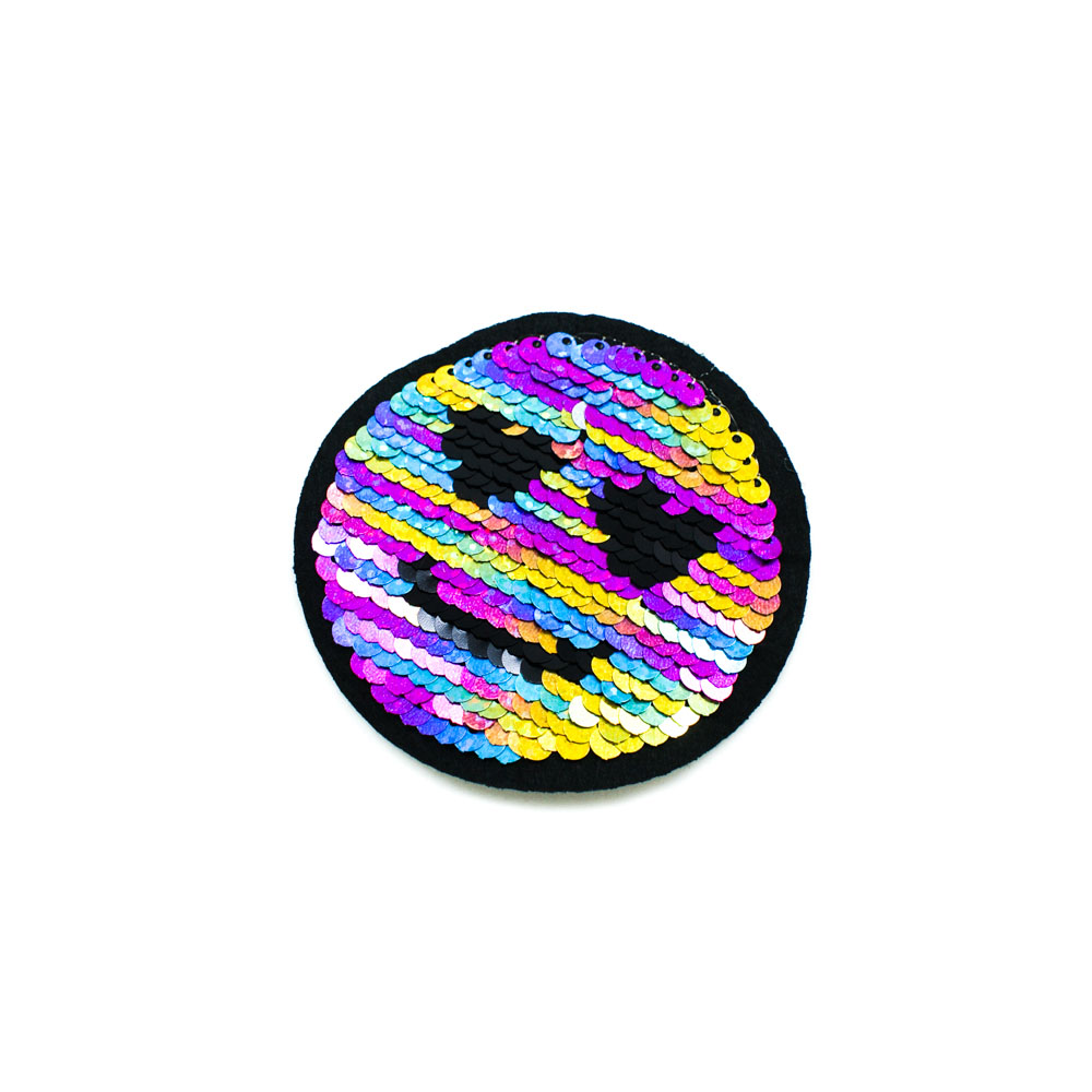Аппликация пришивная пайетки двусторонняя Смайл цветная радуга, черные /кристалл радуга , 8см, шт. Аппликации Пришивные Пайетки