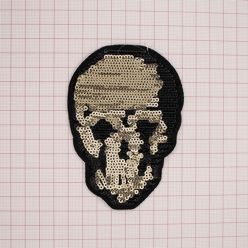 Аппликация клеевая пайетки Череп Золото золотые и черные, 12*8см, шт. Аппликации клеевые Пайетки