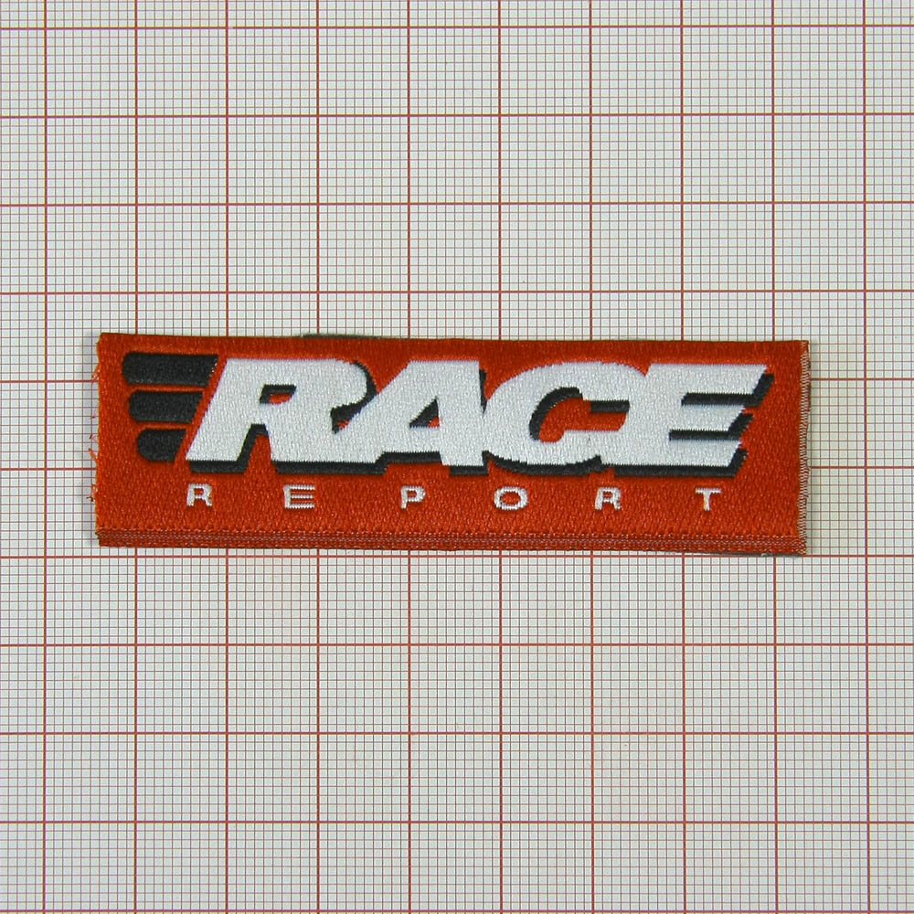 Нашивка Race report, 7,5*2,5 см, красный фон. Шеврон Нашивка