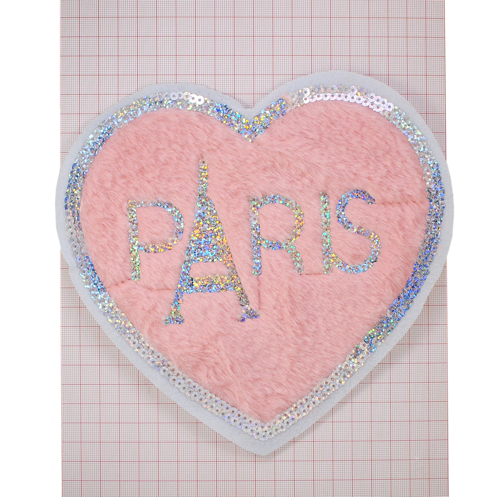 Аппликация пришивная пайетки и мех PARIS в сердце, 19,5*20,3см, розовый, голографические пайетки, шт. Аппликации Пришивные Мех Флок
