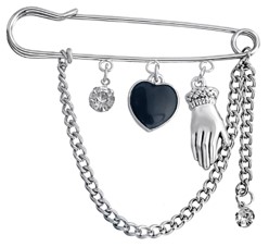 Булавка с сердцем и перчаткой, 7см, никель, белые камни, черный, шт. Булавки