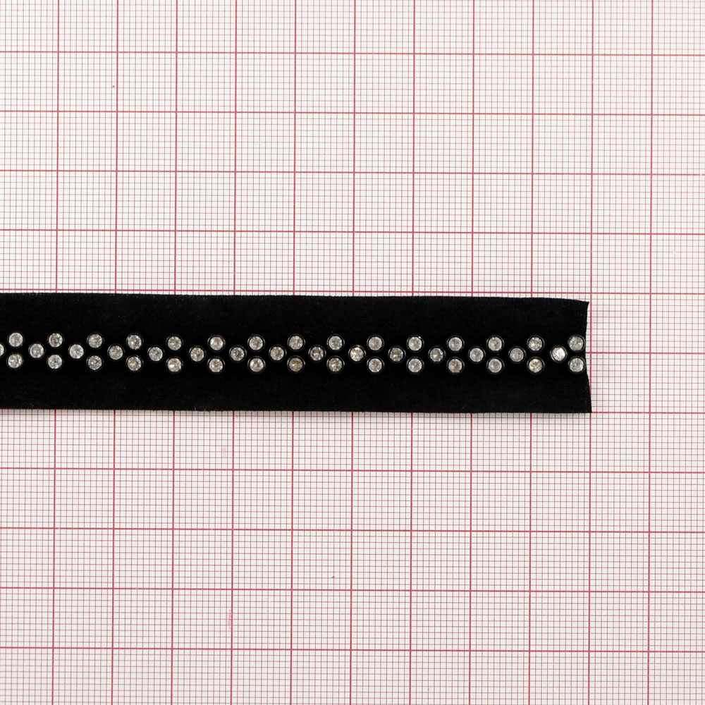 Тесьма вельвет стразы SS Ромб, камни - 2 ряда, 23мм черная ярд. Тесьма