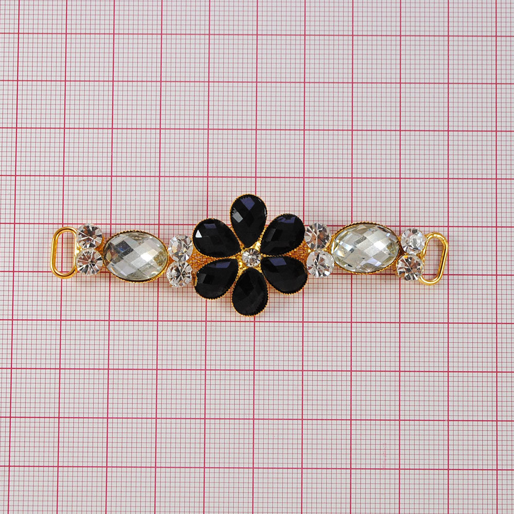 Укр.стекл.  9896 перетяж. 8*2,1см GOLD, цветок-6 черн.камней капля, 2 крупн. бел. овал. Перетяжка металл со стразами